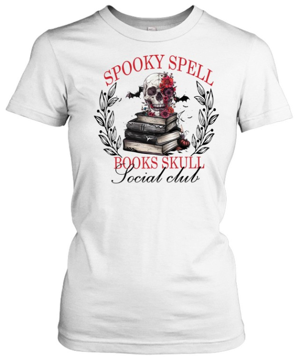 Spooky Spell Books Skull Floral Stack of Books Halloween T- Classic Women's T-shirt