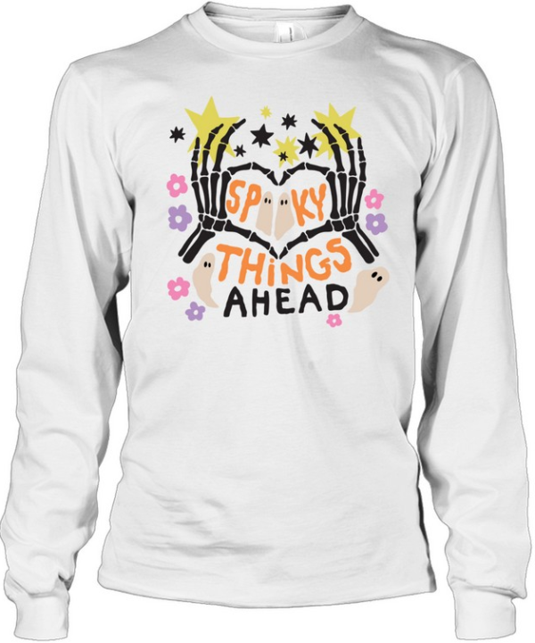 Spooky Things Ahead Skeleton Heart Hands Cute Ghost Halloween T- Long Sleeved T-shirt