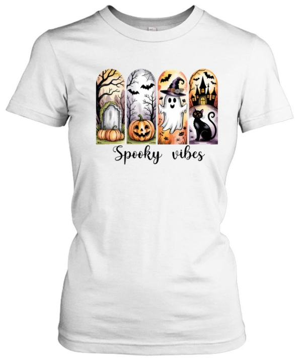 Spooky Vibes Cute Ghost Black Cat Pumpkin Graveyard Halloween T- Classic Women's T-shirt