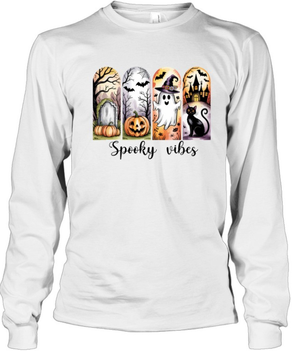 Spooky Vibes Cute Ghost Black Cat Pumpkin Graveyard Halloween T- Long Sleeved T-shirt