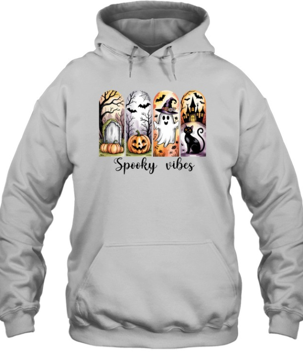 Spooky Vibes Cute Ghost Black Cat Pumpkin Graveyard Halloween T- Unisex Hoodie