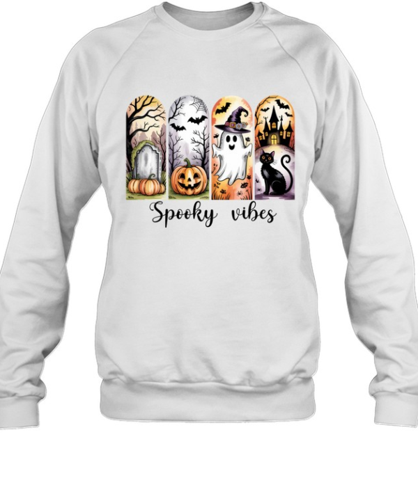 Spooky Vibes Cute Ghost Black Cat Pumpkin Graveyard Halloween T- Unisex Sweatshirt
