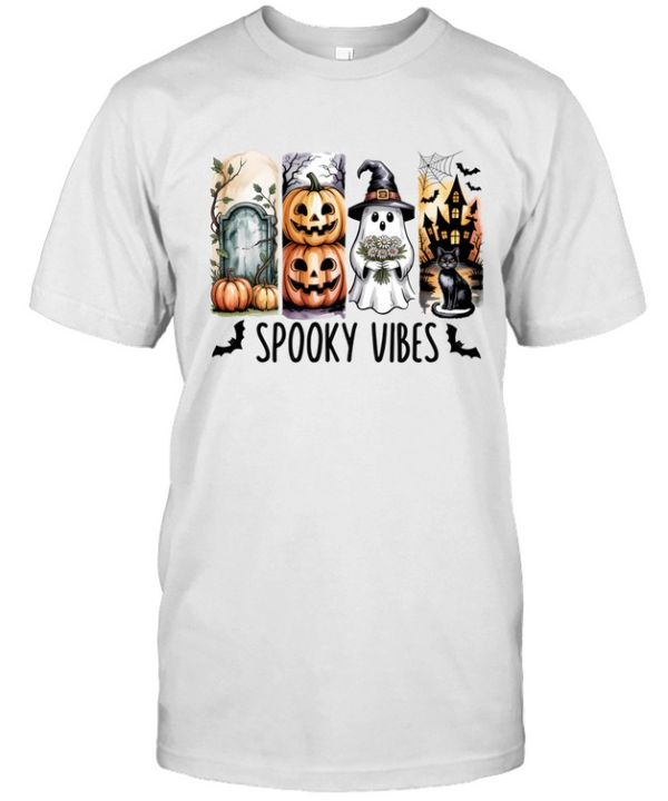 Spooky Vibes Cute Ghost Pumpkin Black Cat Haunted House Halloween T- Classic Men's T-shirt