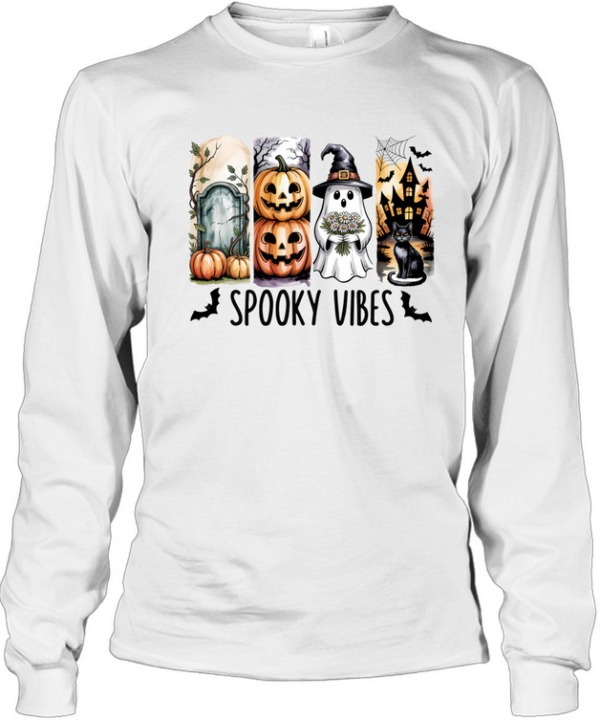 Spooky Vibes Cute Ghost Pumpkin Black Cat Haunted House Halloween T- Long Sleeved T-shirt