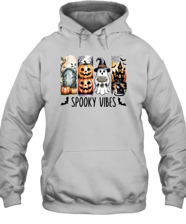 Spooky Vibes Cute Ghost Pumpkin Black Cat Haunted House Halloween T- Unisex Hoodie