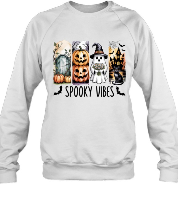 Spooky Vibes Cute Ghost Pumpkin Black Cat Haunted House Halloween T- Unisex Sweatshirt