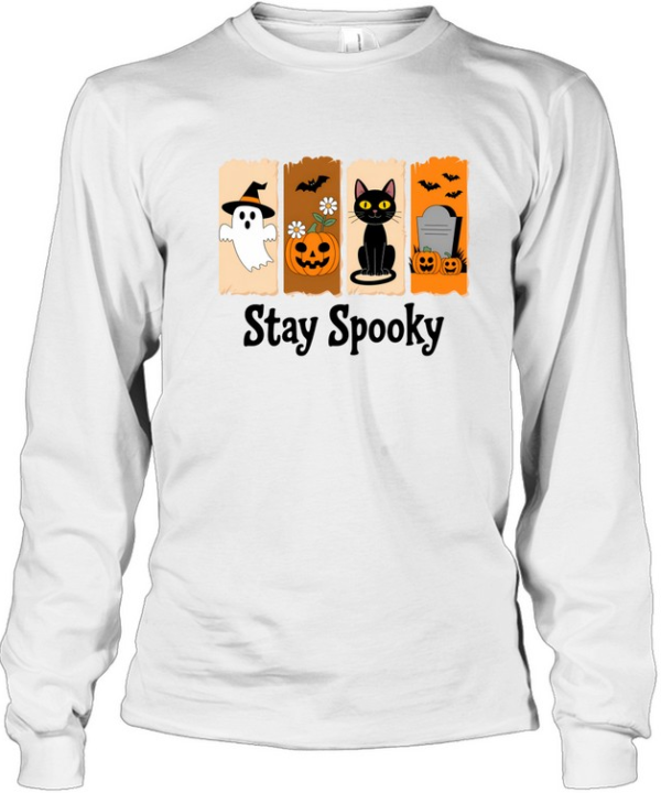Stay Spooky Cute Ghost Black Cat Pumpkin Graveyard Halloween T- Long Sleeved T-shirt