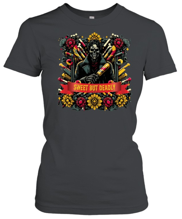 Sweet But Deadly Skeleton Horror Floral Halloween Graphic T- Classic Women's T-shirt