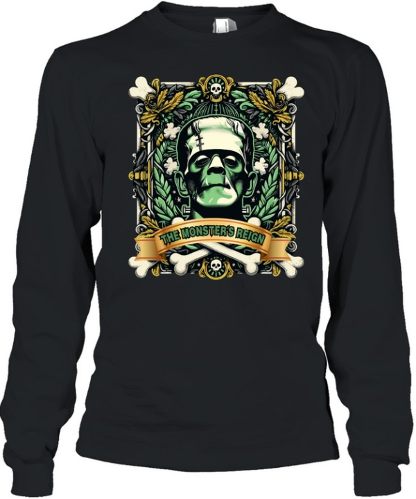 The Monster's Reign Frankenstein Halloween Horror Graphic T- Long Sleeved T-shirt