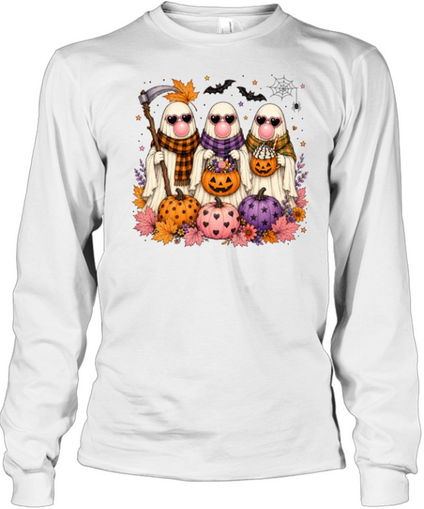 Three Cute Ghosts Bubblegum Pumpkin Spice Halloween T- Long Sleeved T-shirt