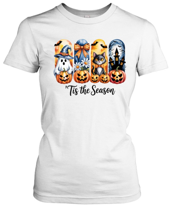 Tis The Season Cute Ghost Black Cat Pumpkin Halloween T- Classic Women's T-shirt