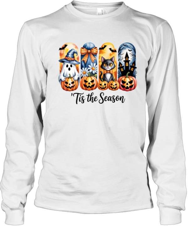 Tis The Season Cute Ghost Black Cat Pumpkin Halloween T- Long Sleeved T-shirt