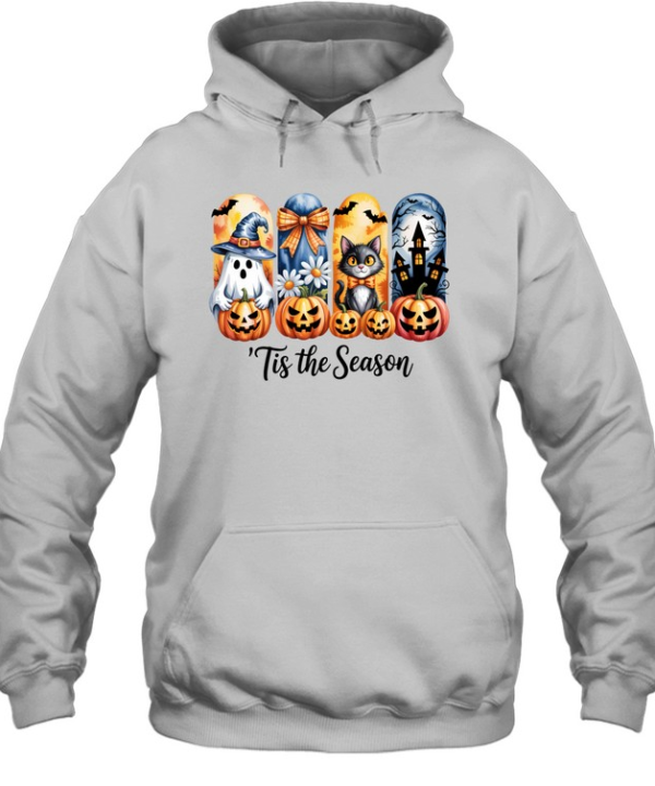 Tis The Season Cute Ghost Black Cat Pumpkin Halloween T- Unisex Hoodie