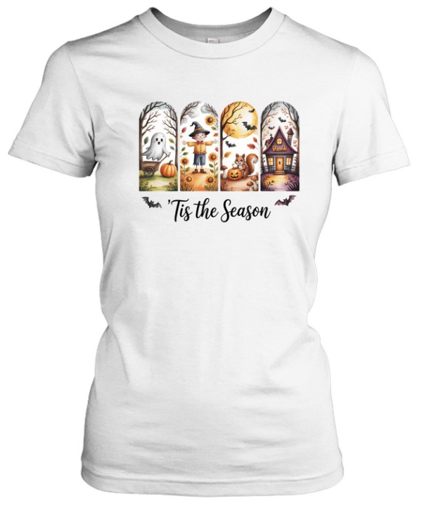 Tis The Season Cute Ghost Scarecrow Squirrel Haunted House Halloween T- Classic Women's T-shirt