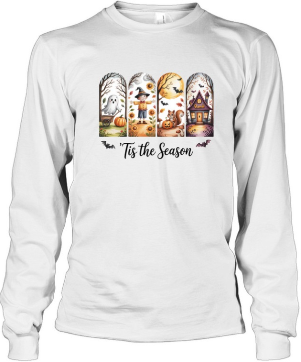 Tis The Season Cute Ghost Scarecrow Squirrel Haunted House Halloween T- Long Sleeved T-shirt