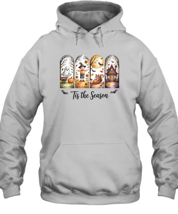Tis The Season Cute Ghost Scarecrow Squirrel Haunted House Halloween T- Unisex Hoodie