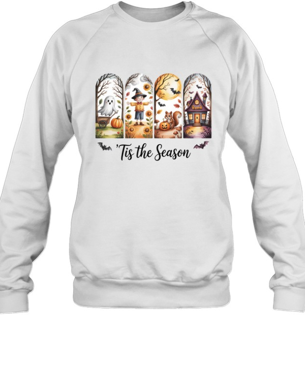 Tis The Season Cute Ghost Scarecrow Squirrel Haunted House Halloween T- Unisex Sweatshirt