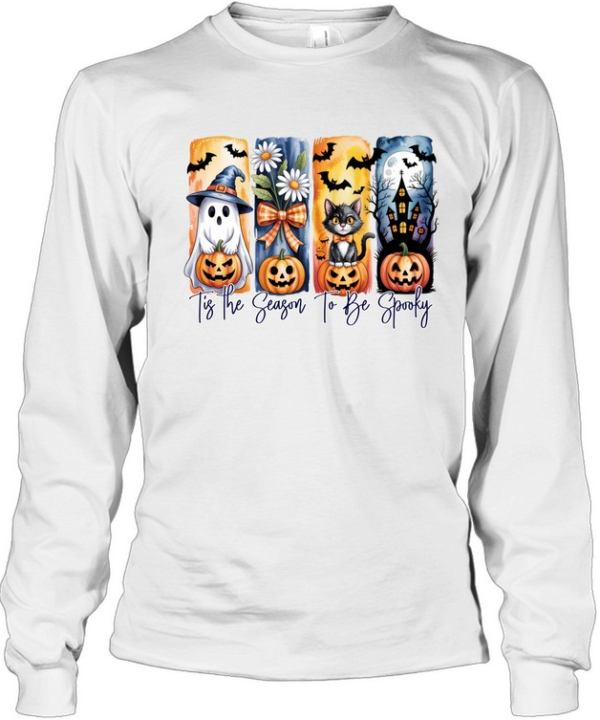 Tis The Season To Be Spooky Cute Ghost Black Cat Pumpkin Halloween T- Long Sleeved T-shirt
