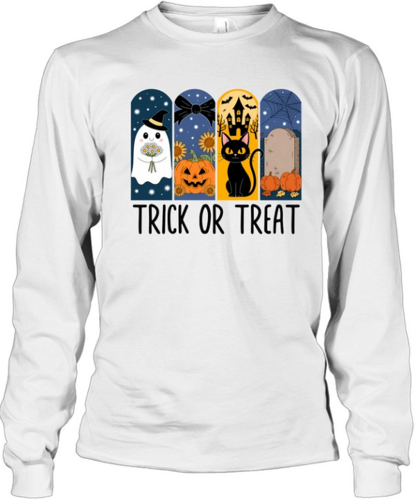 Trick Or Treat Cute Ghost Black Cat Pumpkin Halloween T- Long Sleeved T-shirt
