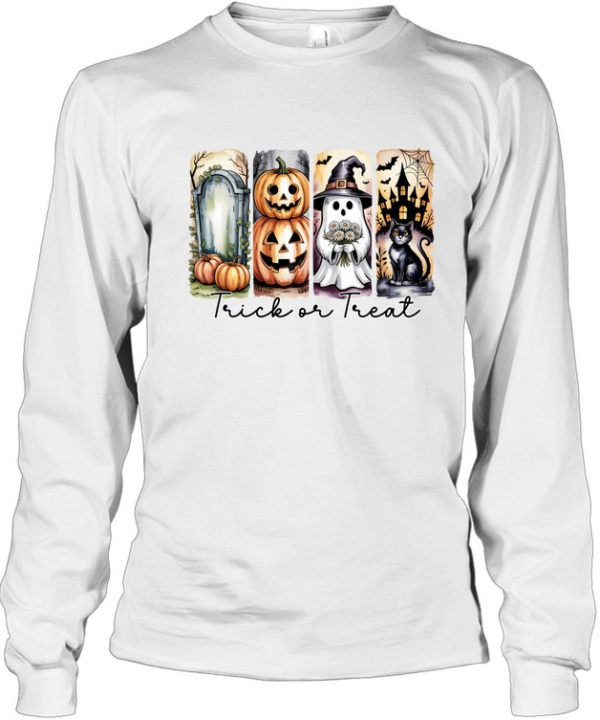 Trick Or Treat Cute Ghost Pumpkin Black Cat Graveyard Halloween T- Long Sleeved T-shirt