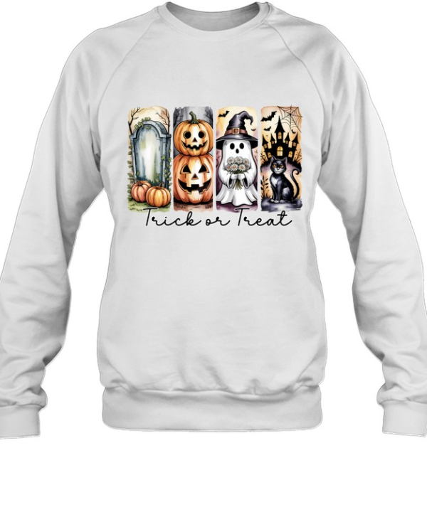 Trick Or Treat Cute Ghost Pumpkin Black Cat Graveyard Halloween T- Unisex Sweatshirt
