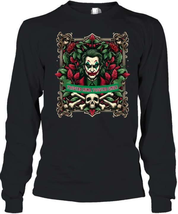 Twisted Mind Twisted Smile Clown Villain Gothic Skull Graphic T- Long Sleeved T-shirt
