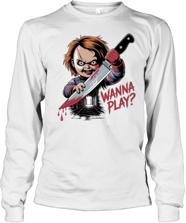 Wanna Play Chucky Bloody Knife Child's Play Halloween Graphic Long Sleeved T-shirt