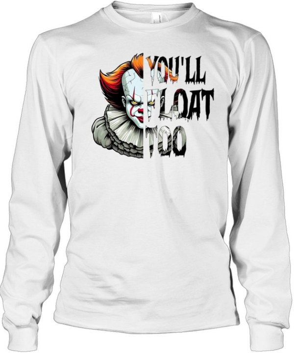 You'll Float Too Pennywise Scary Clown Split Face Halloween Graphic Long Sleeved T-shirt
