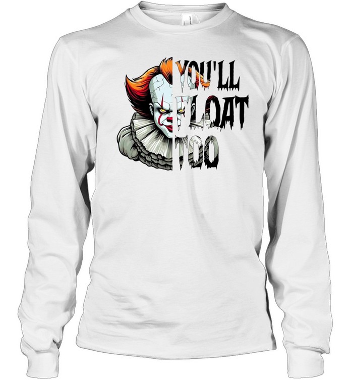 You'll Float Too Pennywise Scary Clown Split Face Halloween Graphic Long Sleeved T-shirt